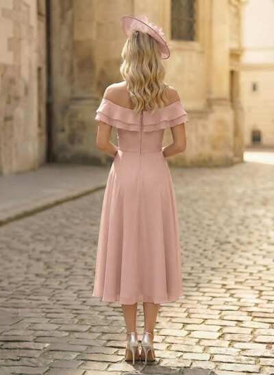 A-Line Off-The-Shoulder Sleeveless Ankle-Length Chiffon Mother Of The Bride Dresses With Cascading Ruffles Sweeping Side Drape