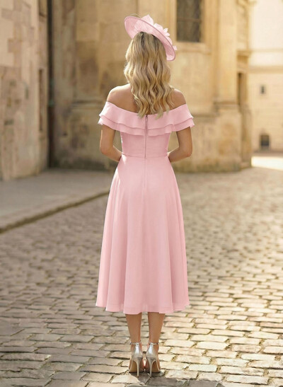 A-Line Off-The-Shoulder Sleeveless Ankle-Length Chiffon Mother Of The Bride Dresses With Cascading Ruffles Sweeping Side Drape