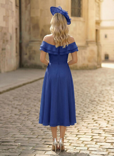 A-Line Off-The-Shoulder Sleeveless Ankle-Length Chiffon Mother Of The Bride Dresses With Cascading Ruffles Sweeping Side Drape