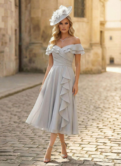 A-Line Off-The-Shoulder Sleeveless Ankle-Length Chiffon Mother Of The Bride Dresses With Cascading Ruffles Sweeping Side Drape