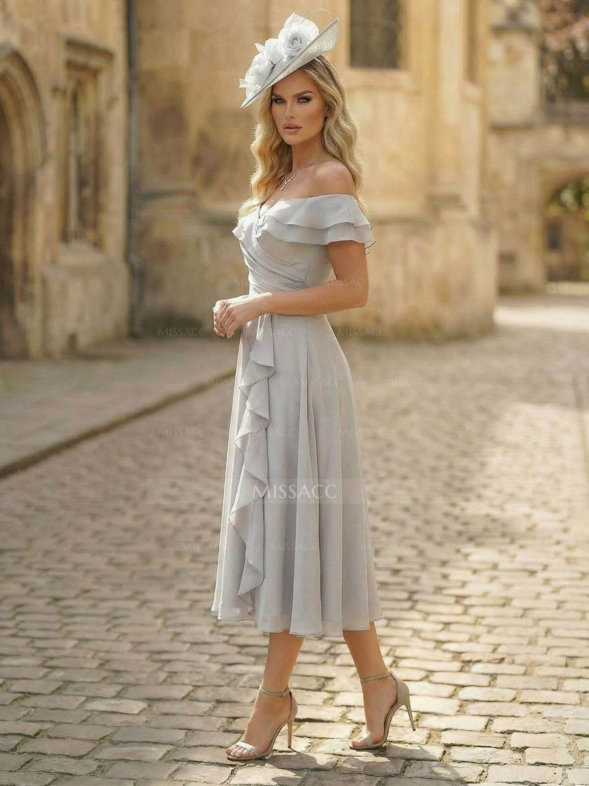 A-Line Off-The-Shoulder Sleeveless Ankle-Length Chiffon Mother Of The Bride Dresses With Cascading Ruffles Sweeping Side Drape A-Line Off-The-Shoulder Sleeveless Ankle-Length Chiffon Mother Of The Bride Dresses With Cascading Ruffles Sweeping Side Drape