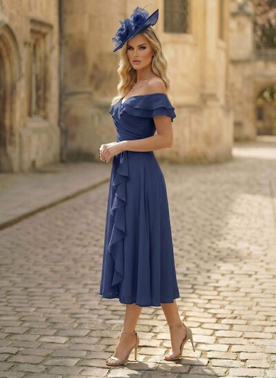 A-Line Off-The-Shoulder Sleeveless Ankle-Length Chiffon Mother Of The Bride Dresses With Cascading Ruffles Sweeping Side Drape