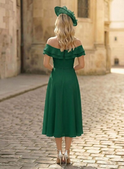 A-Line Off-The-Shoulder Sleeveless Ankle-Length Chiffon Mother Of The Bride Dresses With Cascading Ruffles Sweeping Side Drape