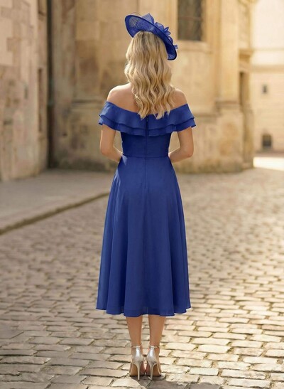 A-Line Off-The-Shoulder Sleeveless Ankle-Length Chiffon Mother Of The Bride Dresses With Cascading Ruffles Sweeping Side Drape