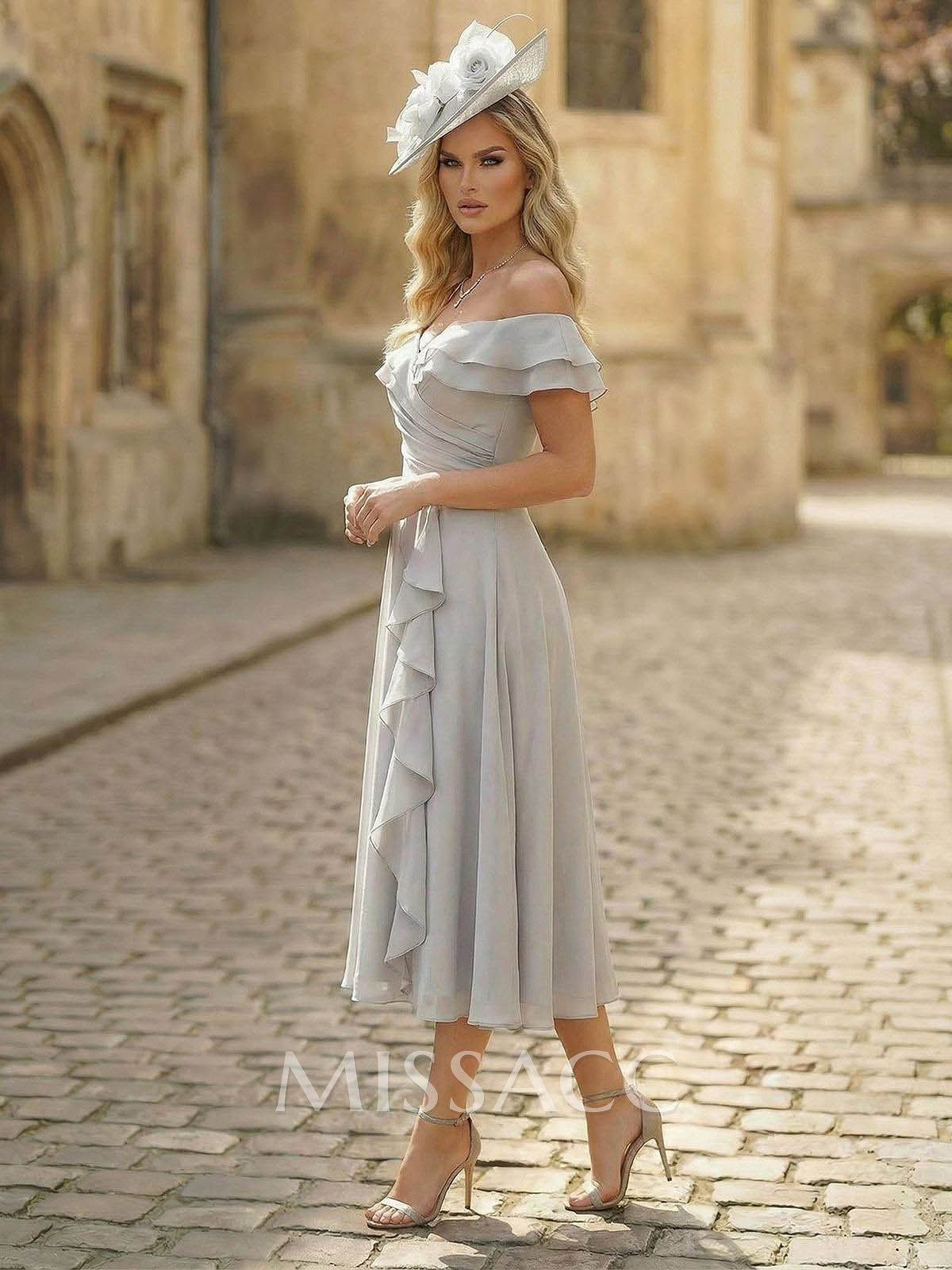 A-Line Off-The-Shoulder Sleeveless Ankle-Length Chiffon Mother Of The Bride Dresses With Cascading Ruffles Sweeping Side Drape