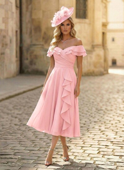 A-Line Off-The-Shoulder Sleeveless Ankle-Length Chiffon Mother Of The Bride Dresses With Cascading Ruffles Sweeping Side Drape
