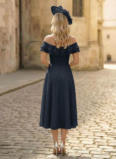 A-Line Off-The-Shoulder Sleeveless Ankle-Length Chiffon Mother Of The Bride Dresses With Cascading Ruffles Sweeping Side Drape