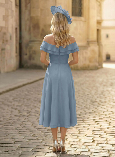 A-Line Off-The-Shoulder Sleeveless Ankle-Length Chiffon Mother Of The Bride Dresses With Cascading Ruffles Sweeping Side Drape