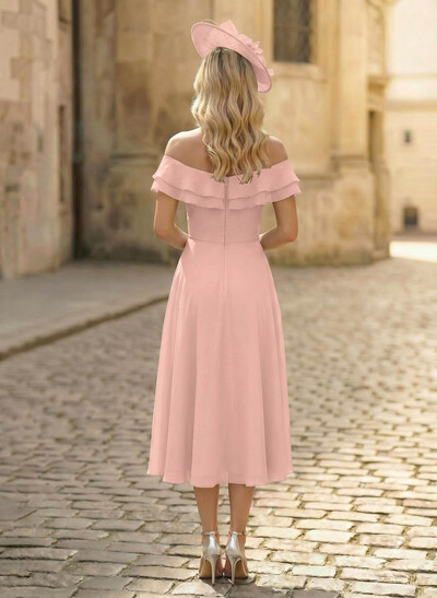 A-Line Off-The-Shoulder Sleeveless Ankle-Length Chiffon Mother Of The Bride Dresses With Cascading Ruffles Sweeping Side Drape