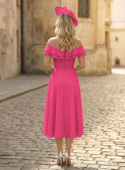 A-Line Off-The-Shoulder Sleeveless Ankle-Length Chiffon Mother Of The Bride Dresses With Cascading Ruffles Sweeping Side Drape