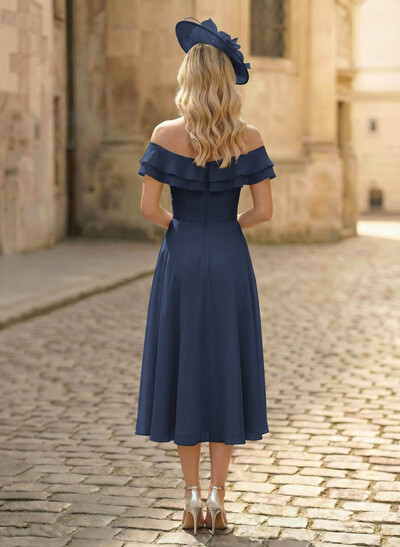 A-Line Off-The-Shoulder Sleeveless Ankle-Length Chiffon Mother Of The Bride Dresses With Cascading Ruffles Sweeping Side Drape