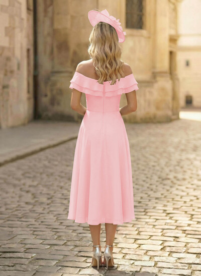 A-Line Off-The-Shoulder Sleeveless Ankle-Length Chiffon Mother Of The Bride Dresses With Cascading Ruffles Sweeping Side Drape