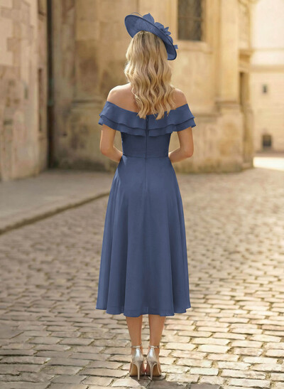 A-Line Off-The-Shoulder Sleeveless Ankle-Length Chiffon Mother Of The Bride Dresses With Cascading Ruffles Sweeping Side Drape
