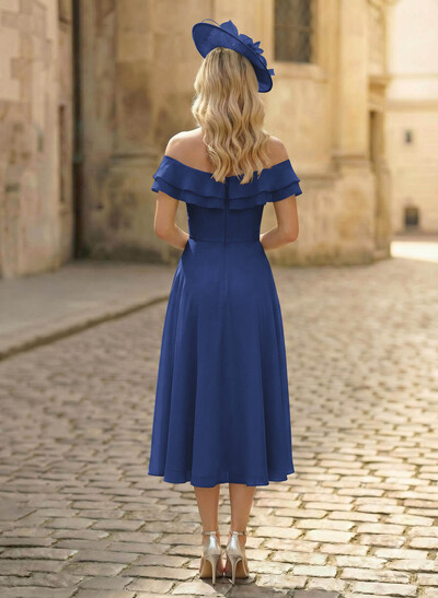 A-Line Off-The-Shoulder Sleeveless Ankle-Length Chiffon Mother Of The Bride Dresses With Cascading Ruffles Sweeping Side Drape