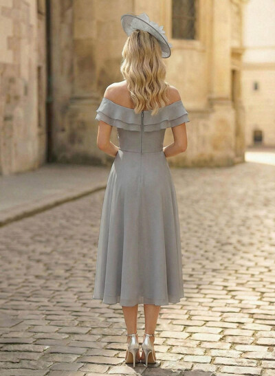 A-Line Off-The-Shoulder Sleeveless Ankle-Length Chiffon Mother Of The Bride Dresses With Cascading Ruffles Sweeping Side Drape