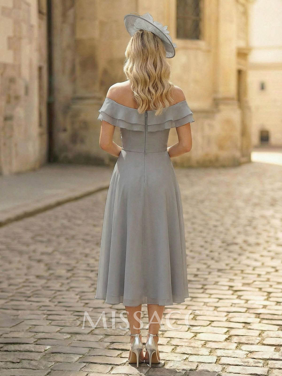 A-Line Off-The-Shoulder Sleeveless Ankle-Length Chiffon Mother Of The Bride Dresses With Cascading Ruffles Sweeping Side Drape
