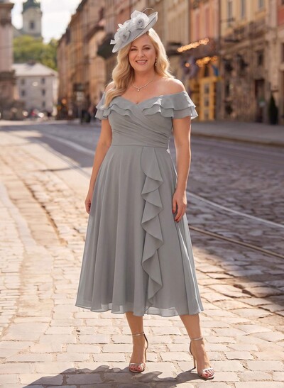 A-Line Off-The-Shoulder Sleeveless Ankle-Length Chiffon Mother Of The Bride Dresses With Cascading Ruffles Sweeping Side Drape