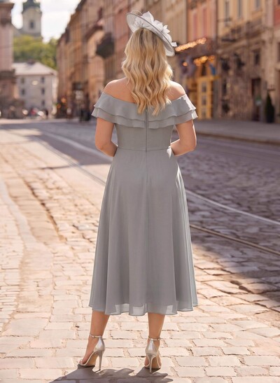 A-Line Off-The-Shoulder Sleeveless Ankle-Length Chiffon Mother Of The Bride Dresses With Cascading Ruffles Sweeping Side Drape