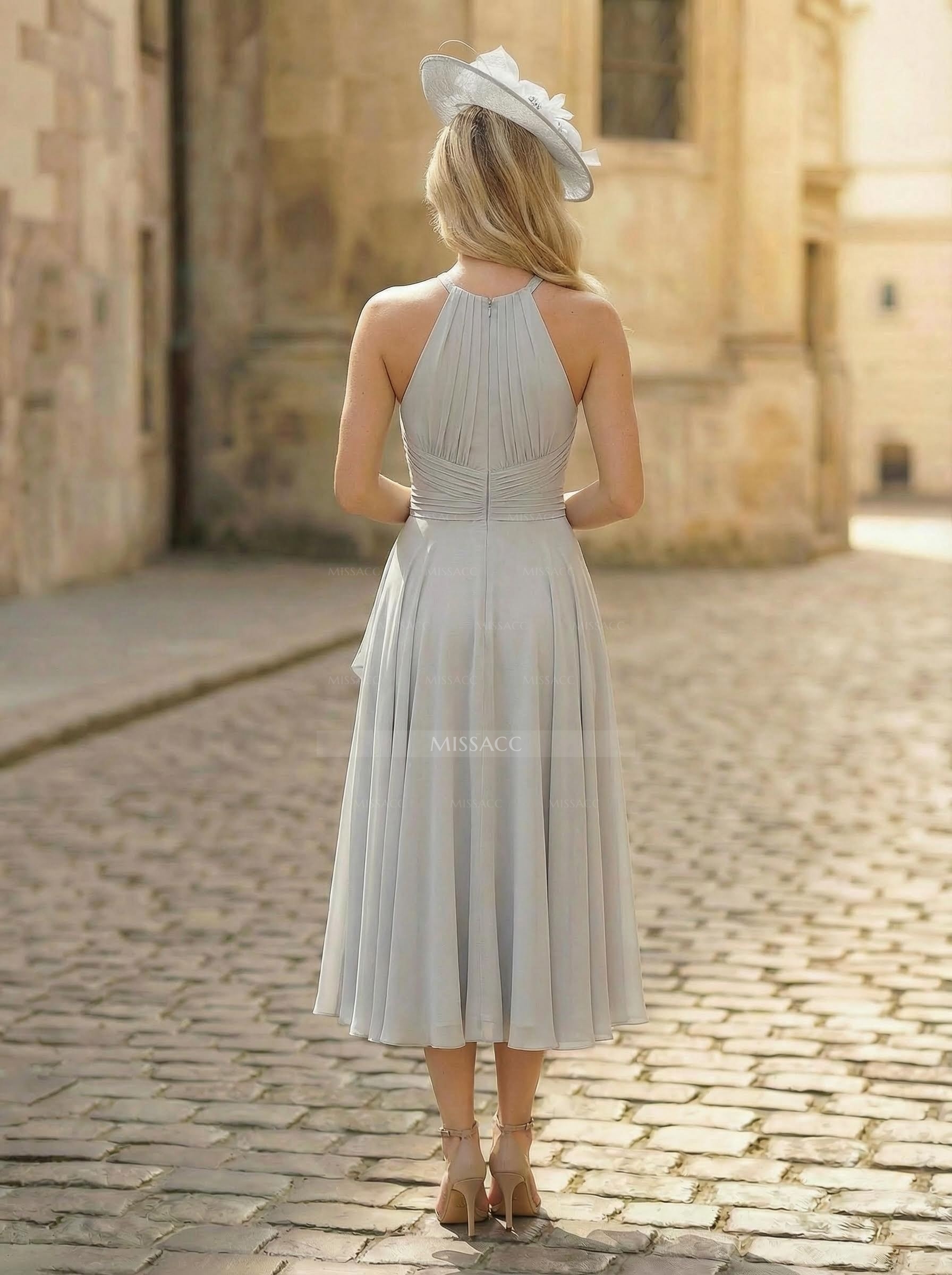 A-Line High Neck Sleeveless Ankle-Length Chiffon Mother Of The Bride Dresses With Pleated Sweeping Side Drape