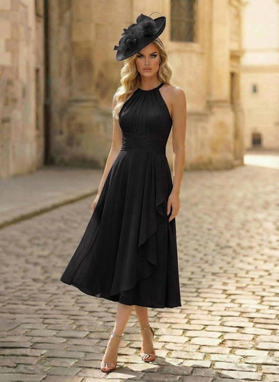 A-Line High Neck Sleeveless Ankle-Length Chiffon Mother Of The Bride Dresses With Pleated Sweeping Side Drape