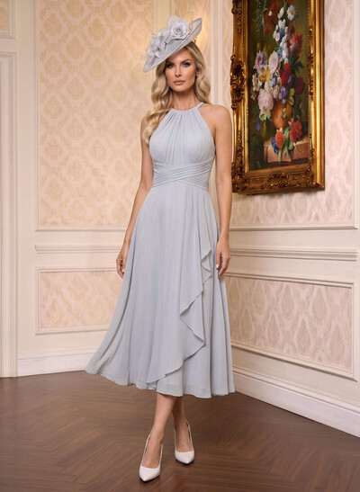 A-Line High Neck Sleeveless Tea-Length Chiffon Mother Of The Bride Dresses With Pleated Sweeping Side Drape