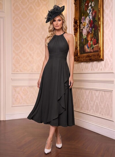 A-Line High Neck Sleeveless Ankle-Length Chiffon Mother Of The Bride Dresses With Pleated Sweeping Side Drape