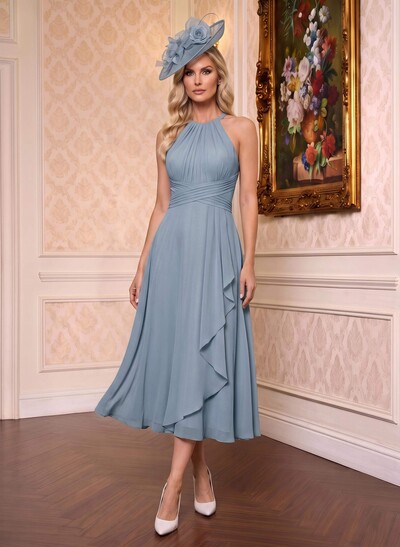 A-Line High Neck Sleeveless Tea-Length Chiffon Mother Of The Bride Dresses With Pleated Sweeping Side Drape