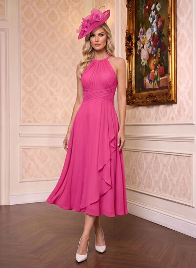 A-Line High Neck Sleeveless Ankle-Length Chiffon Mother Of The Bride Dresses With Pleated Sweeping Side Drape