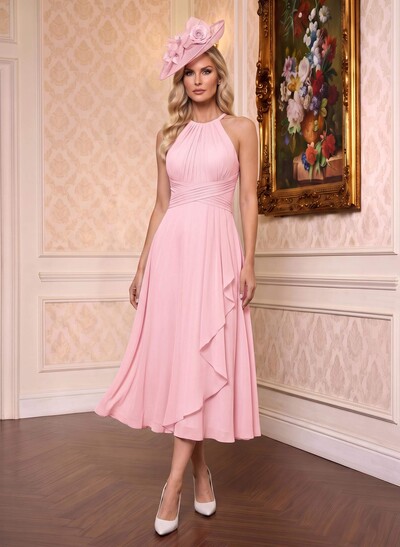A-Line High Neck Sleeveless Tea-Length Chiffon Mother Of The Bride Dresses With Pleated Sweeping Side Drape