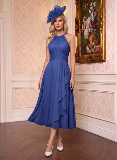 A-Line High Neck Sleeveless Tea-Length Chiffon Mother Of The Bride Dresses With Pleated Sweeping Side Drape