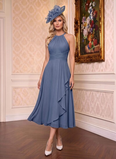 A-Line High Neck Sleeveless Tea-Length Chiffon Mother Of The Bride Dresses With Pleated Sweeping Side Drape