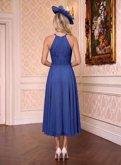 A-Line High Neck Sleeveless Tea-Length Chiffon Mother Of The Bride Dresses With Pleated Sweeping Side Drape