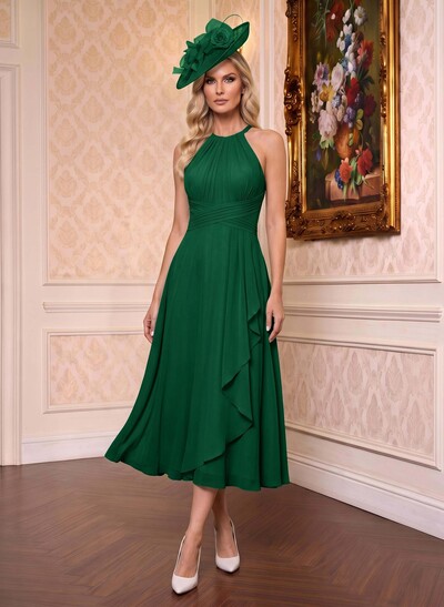 A-Line High Neck Sleeveless Tea-Length Chiffon Mother Of The Bride Dresses With Pleated Sweeping Side Drape