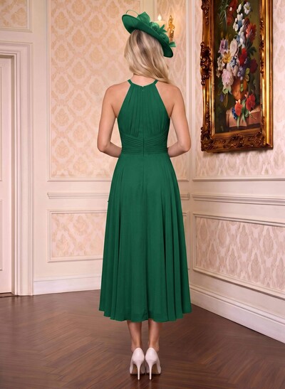 A-Line High Neck Sleeveless Tea-Length Chiffon Mother Of The Bride Dresses With Pleated Sweeping Side Drape