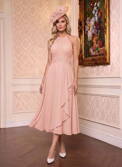 A-Line High Neck Sleeveless Tea-Length Chiffon Mother Of The Bride Dresses With Pleated Sweeping Side Drape