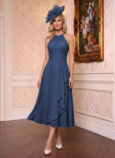 A-Line High Neck Sleeveless Tea-Length Chiffon Mother Of The Bride Dresses With Pleated Sweeping Side Drape