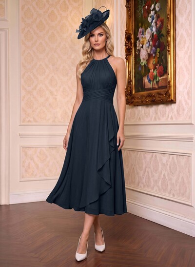 A-Line High Neck Sleeveless Tea-Length Chiffon Mother Of The Bride Dresses With Pleated Sweeping Side Drape