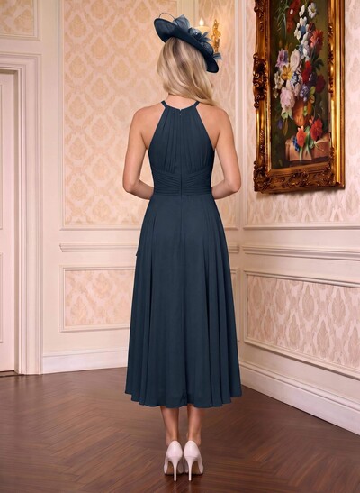 A-Line High Neck Sleeveless Tea-Length Chiffon Mother Of The Bride Dresses With Pleated Sweeping Side Drape
