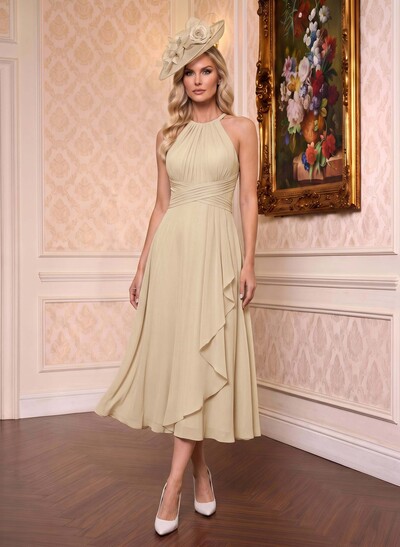 A-Line High Neck Sleeveless Tea-Length Chiffon Mother Of The Bride Dresses With Pleated Sweeping Side Drape