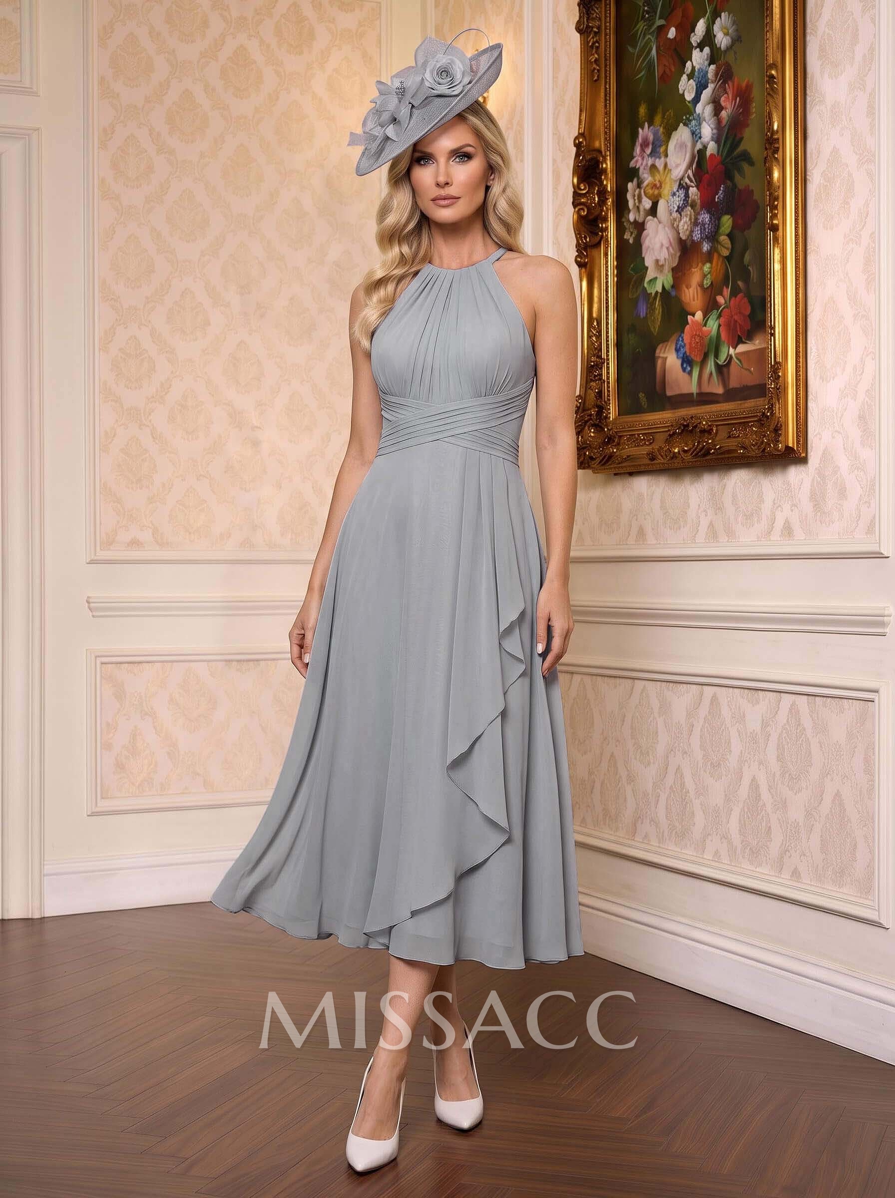 A-Line High Neck Sleeveless Tea-Length Chiffon Mother Of The Bride Dresses With Pleated Sweeping Side Drape