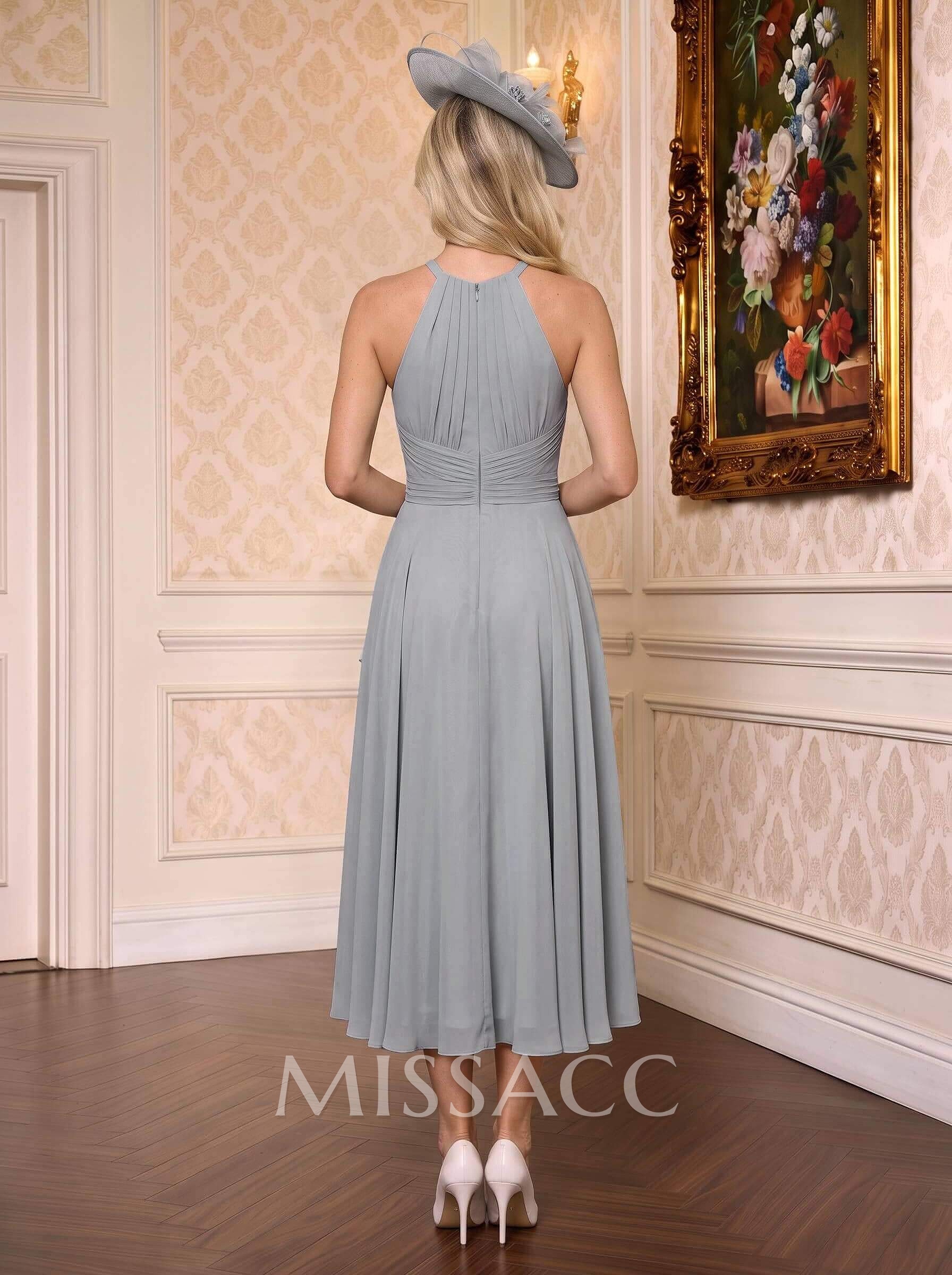 A-Line High Neck Sleeveless Tea-Length Chiffon Mother Of The Bride Dresses With Pleated Sweeping Side Drape
