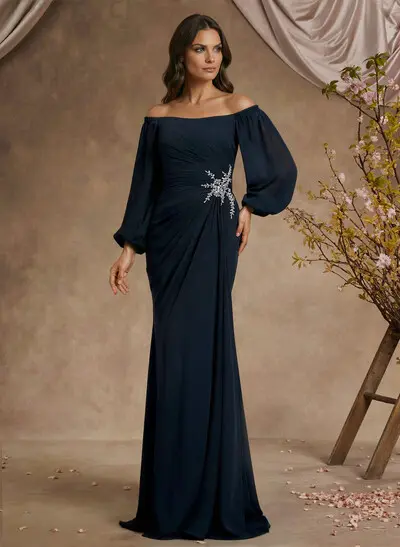 Trumpet/Mermaid Floor-Length Off-The-Shoulder Long Sleeves Chiffon Mother Of The Bride Dresses With Beading