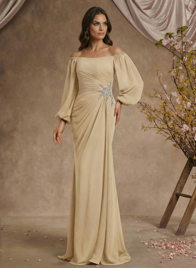 Trumpet/Mermaid Floor-Length Off-The-Shoulder Long Sleeves Chiffon Mother Of The Bride Dresses With Beading