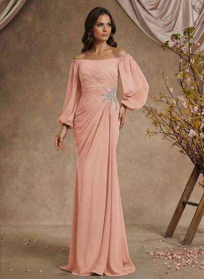 Trumpet/Mermaid Floor-Length Off-The-Shoulder Long Sleeves Chiffon Mother Of The Bride Dresses With Beading