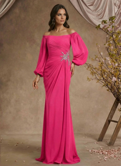 Trumpet/Mermaid Floor-Length Off-The-Shoulder Long Sleeves Chiffon Mother Of The Bride Dresses With Beading