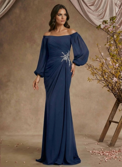 Trumpet/Mermaid Floor-Length Off-The-Shoulder Long Sleeves Chiffon Mother Of The Bride Dresses With Beading