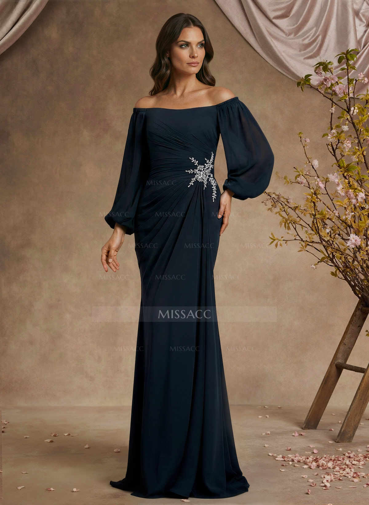 Trumpet/Mermaid Floor-Length Off-The-Shoulder Long Sleeves Chiffon Mother Of The Bride Dresses With Beading