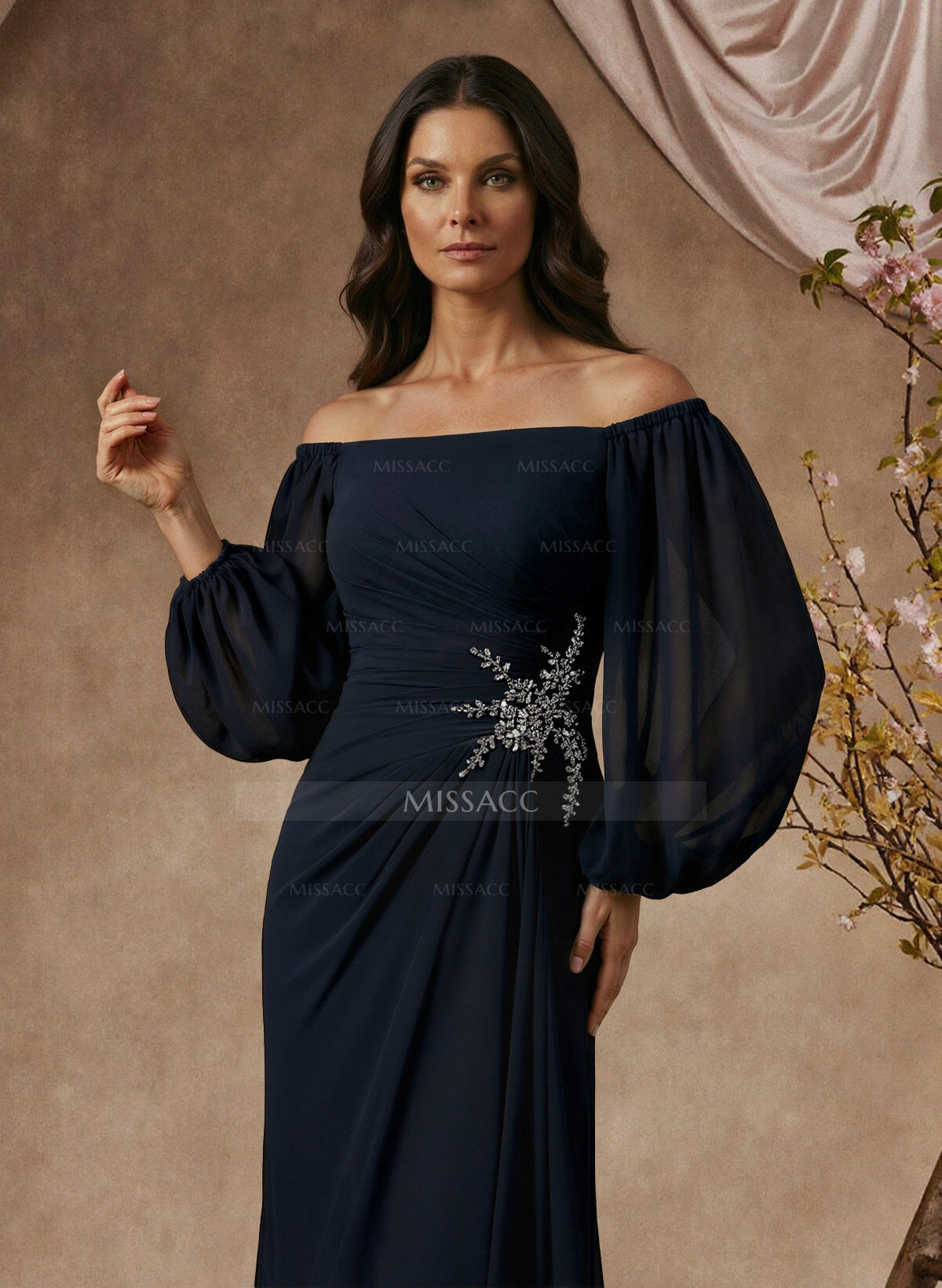 Trumpet/Mermaid Floor-Length Off-The-Shoulder Long Sleeves Chiffon Mother Of The Bride Dresses With Beading