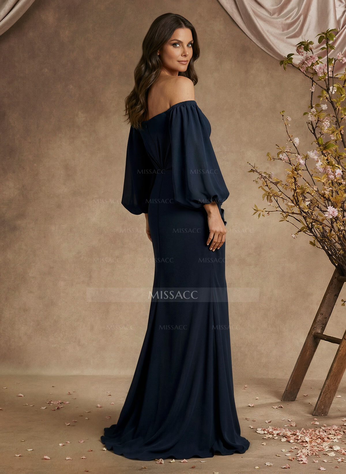 Trumpet/Mermaid Floor-Length Off-The-Shoulder Long Sleeves Chiffon Mother Of The Bride Dresses With Beading