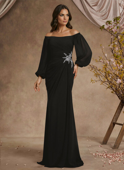 Trumpet/Mermaid Floor-Length Off-The-Shoulder Long Sleeves Chiffon Mother Of The Bride Dresses With Beading